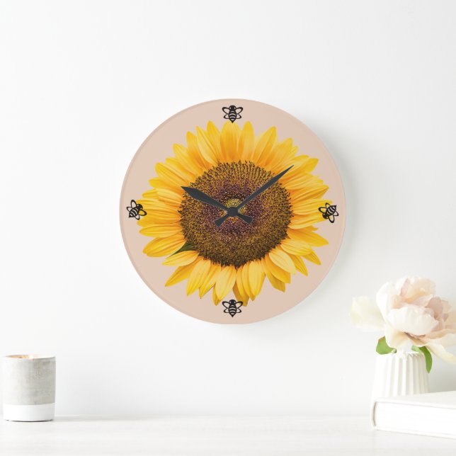 Relógio Grande Salva de Sunflower Bee Peachy Wall Clock (Lar)