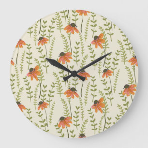 Relógio Grande Samambaias verdes, flores laranja, natureza.