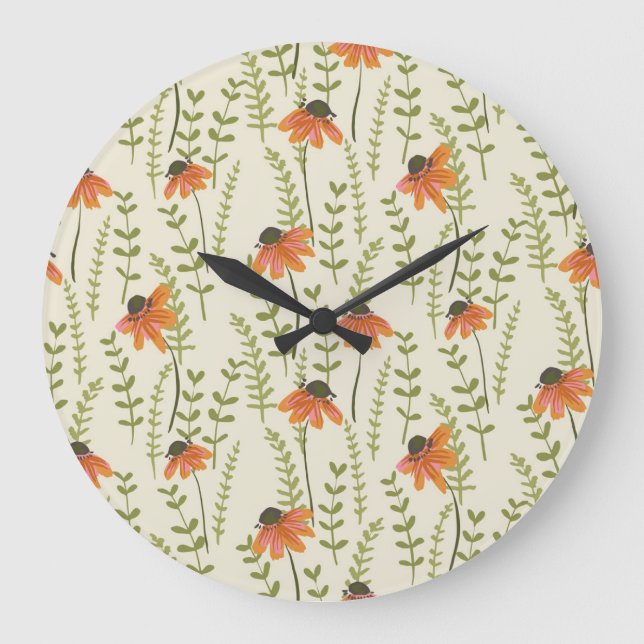 Relógio Grande Samambaias verdes, flores laranja, natureza. (Frente)