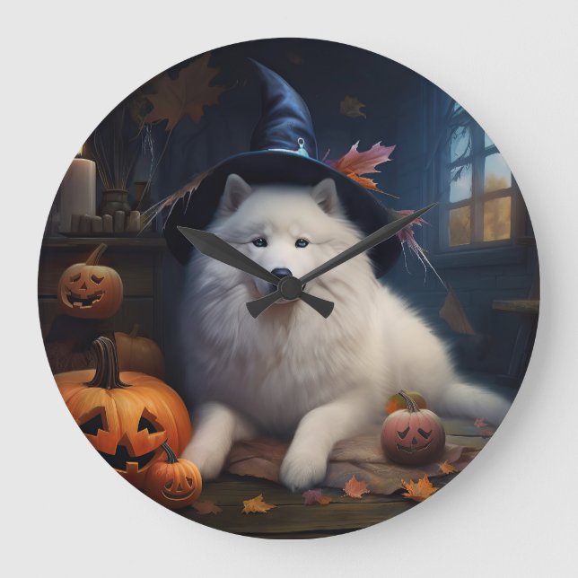 Relógio Grande Samoyed Pumpkins Halloween Scary (Frente)