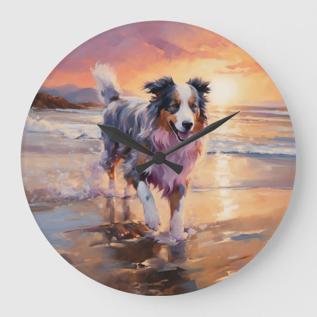 Relógio Grande Sandy Australian Shepherd Dog on Beach Sunset (Frente)