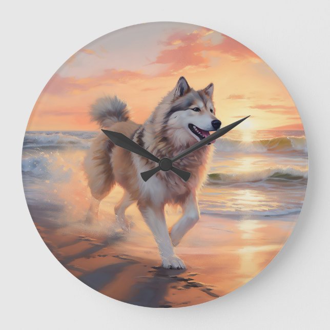 Relógio Grande Sandy Paws Alaskan Malamute Dog em Beach Sunset (Frente)
