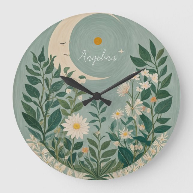 Relógio Grande Sangue Lua: Pastel Floral e Lua Crescente (Frente)