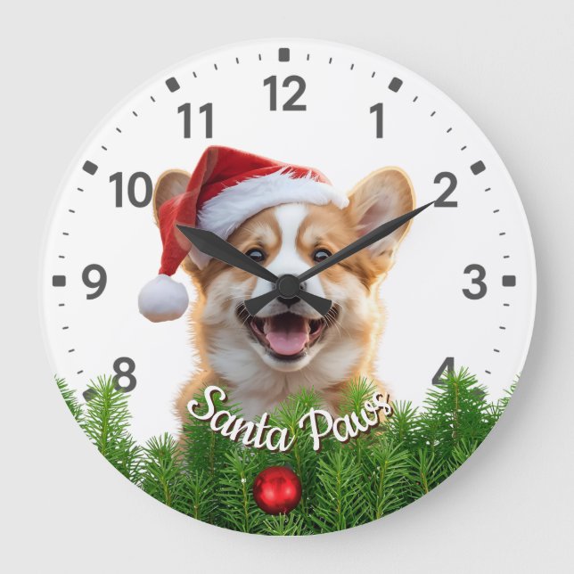 Relógio Grande Santa Paws Corgi with Christmas Garland (Frente)