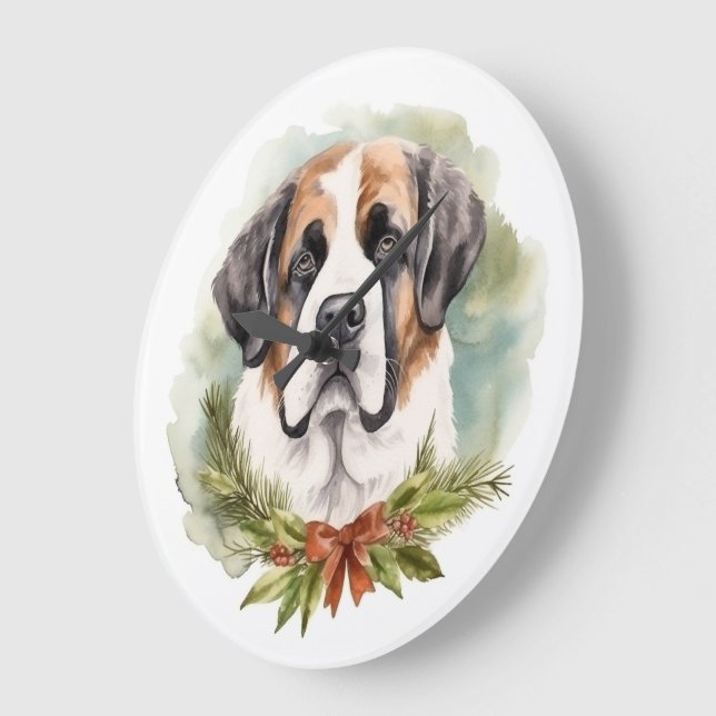 Relógio Grande Santo Bernard Christmas Wreath Festivo Pup (Ângulo)