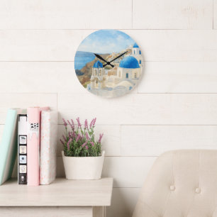 Relógio Grande Santorini Grécia Aquarela Arte da Igreja da Cúpula