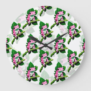 Relógio Grande Sapo Rosa No Padrão De Folha Verde Design
