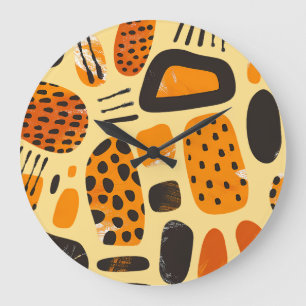 Relógio Grande "Savanna Pop: Tribal Vibes em Laranja e Negro"