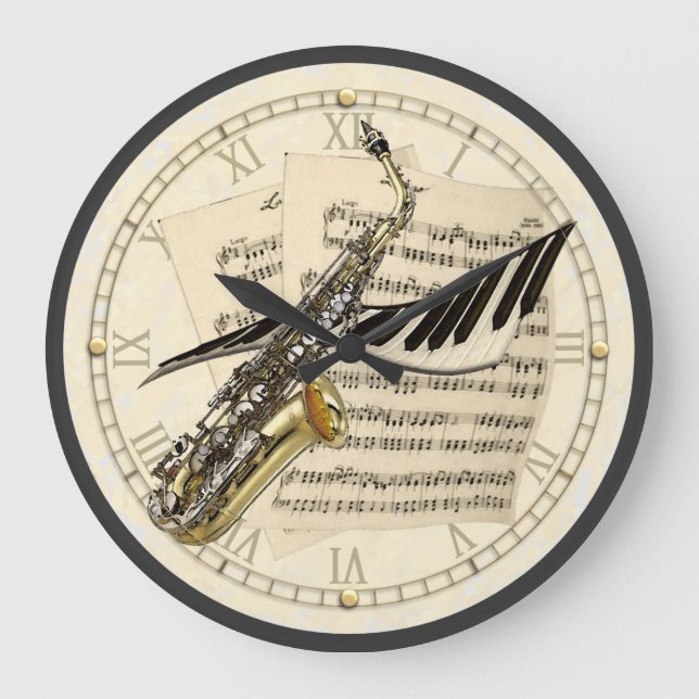 Relógio Grande Saxofone & Piano Music Design Wall Clock (Frente)