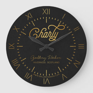 Relógio Grande Script Elegante Personalizado Preto Dourado