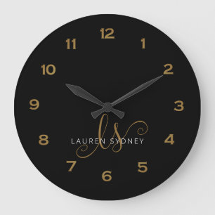 Relógio Grande Script Moderno Preto E Dourado Monograma