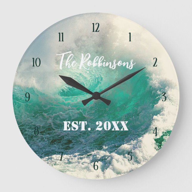 Relógio Grande Sea wave personalized family name large clock (Frente)