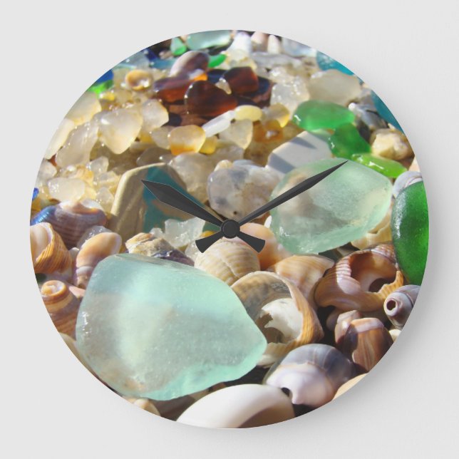 Relógio Grande Seaglass Wall Clocks Agates Shells Beach Coastal (Frente)