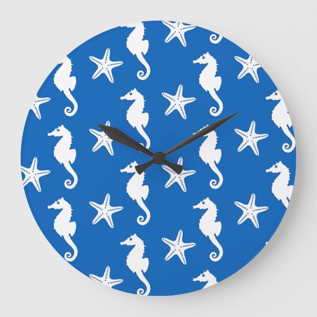 Relógio Grande Seahorse & starfish - white on cobalt blue (Frente)