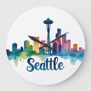 Relógio Grande Seattle City aguarela Skyline