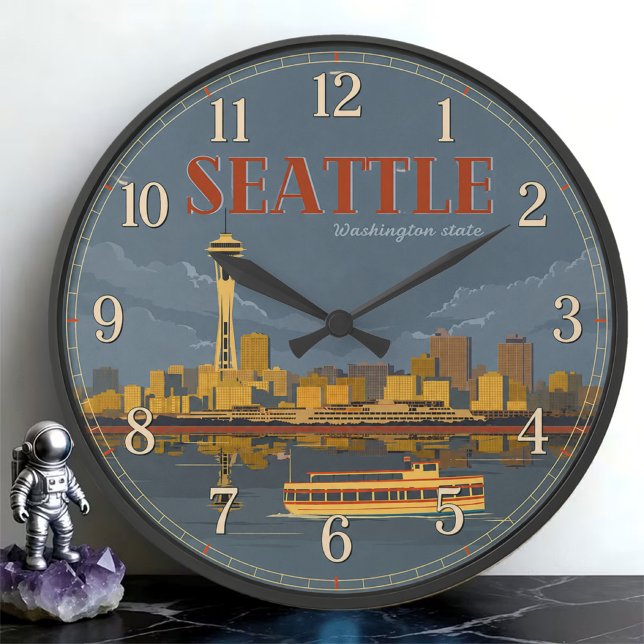 Relógio Grande Seattle Washington Space Needle Skyline Vintage  (Criador carregado)