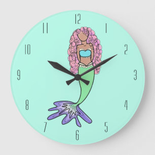 Relógio Grande sereia arco-íris rosa azul roxo verde preto encara
