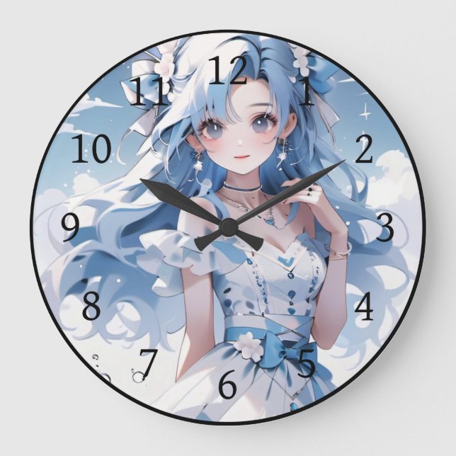 Relógio Grande Sereia com Cabelo Azul num Vestido Azul (Frente)