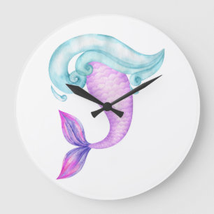 Relógio Grande Sereia, cor d'água rosa, azul roxo, aniversário