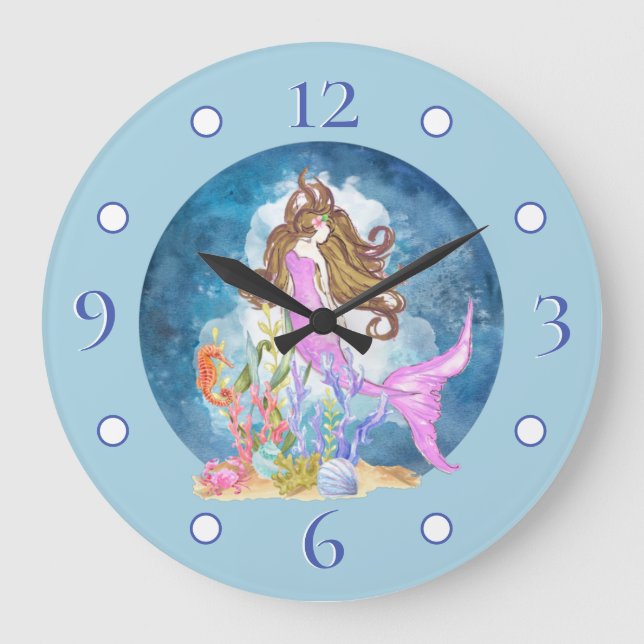 Relógio Grande Sereia Roxa Aquarela Grande Clock de Parede Acríli (Frente)