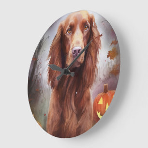 Relógio Grande Setter Vermelho Irlandês de Halloween com Abóboras