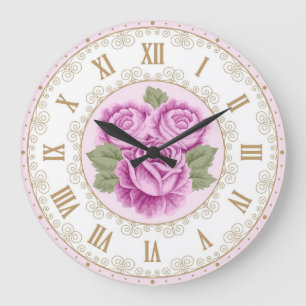 Relógio Grande Shabby Chic Francês Vintage Dourado Magenta Pálido