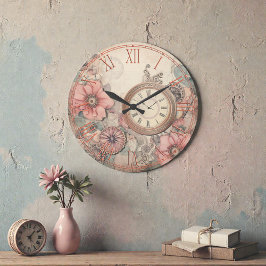 Relógio Grande Shabby Steampunk Clocks and Florals Wall Clock