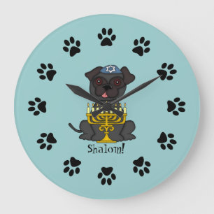 Relógio Grande Shalom!-Cute Pug dog with Menorah/Soft Blue