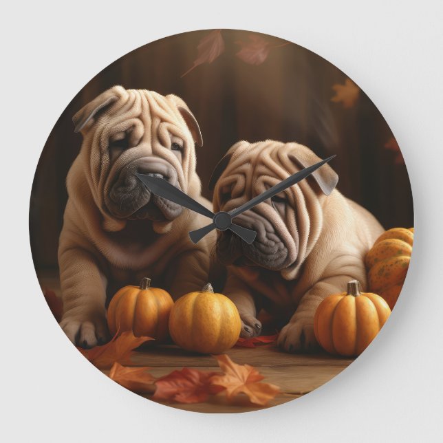 Relógio Grande Shar Pei Puppy Autumn Delight Pumpkin (Frente)