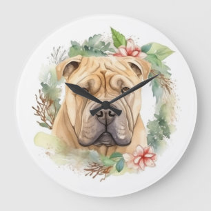 Relógio Grande Shar Pei Wreath Christmas Festivo Pup