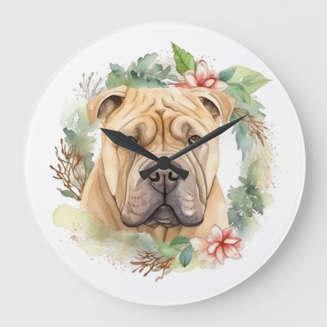Relógio Grande Shar Pei Wreath Christmas Festivo Pup (Frente)