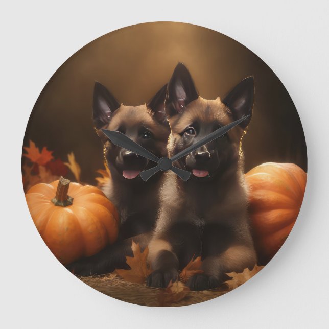Relógio Grande Shepherd Belga Puppy Autumn Delight Pumpkin (Frente)