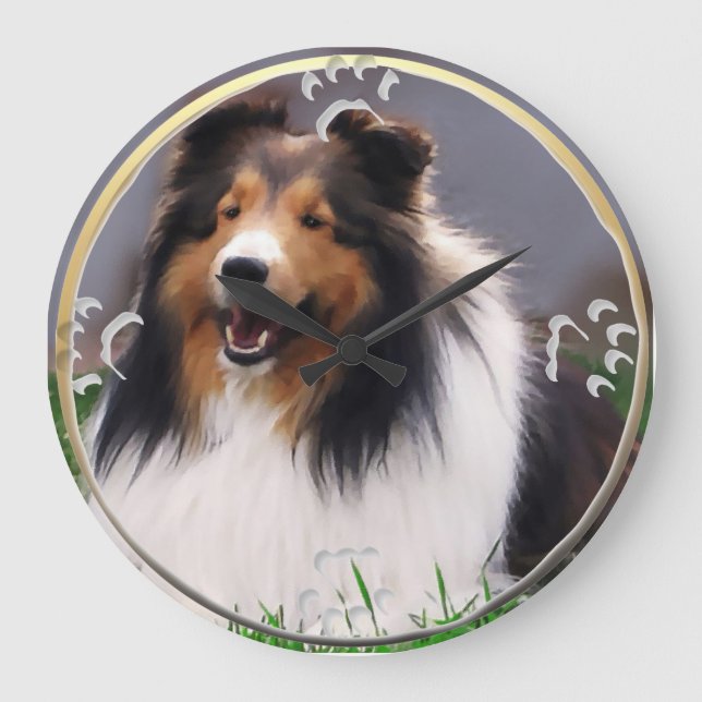 Relógio Grande Shetland Sheepdog Art (Frente)