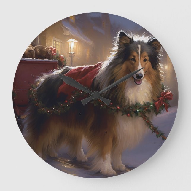 Relógio Grande Shetland Sheepdog Christmas Fesason Season (Frente)