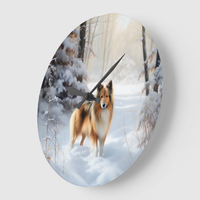 Relógio Grande Shetland Sheepdog Deixe Nevar Natal (Ângulo)