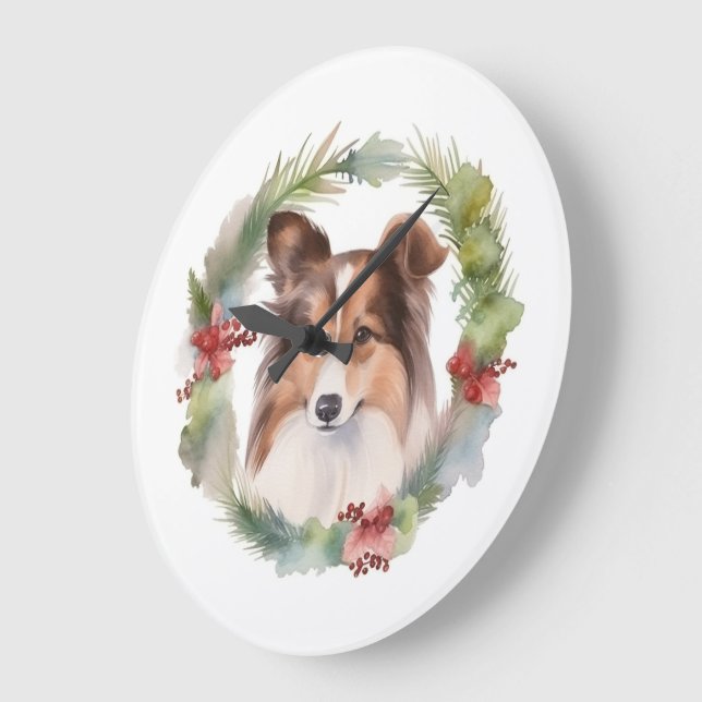 Relógio Grande Shetland Sheepdog Wreath Festivo Pup (Ângulo)