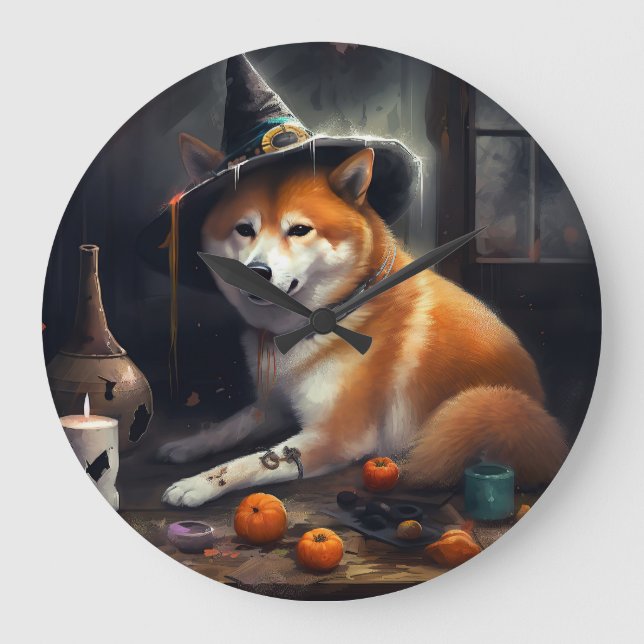 Relógio Grande Shiba Inu Pumpkins Halloween Assustado (Frente)
