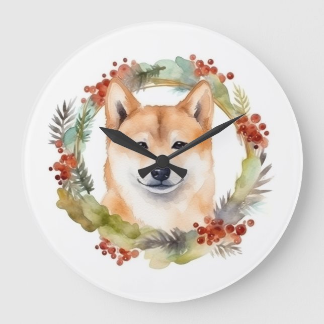 Relógio Grande Shiba Inu Wreath Festivo (Frente)