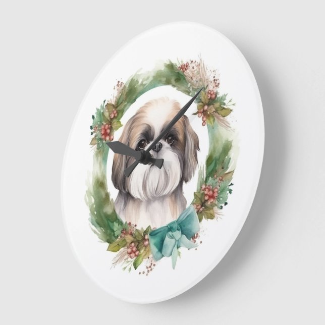 Relógio Grande Shih Tzu Christmas Wreath Festivo Pup (Ângulo)