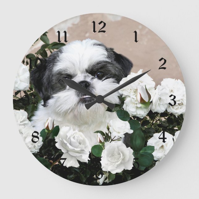Relógio Grande Shih Tzu e rosas (Frente)