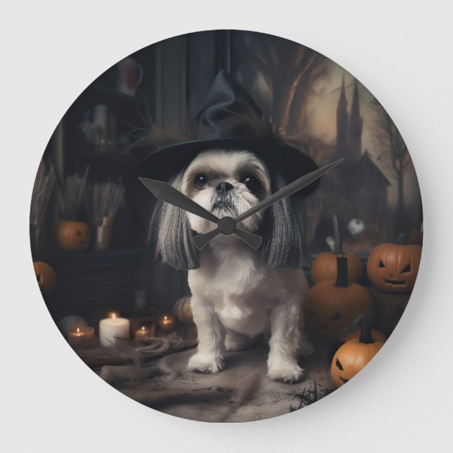 Relógio Grande Shih Tzu Pumpkins Halloween Scary (Frente)