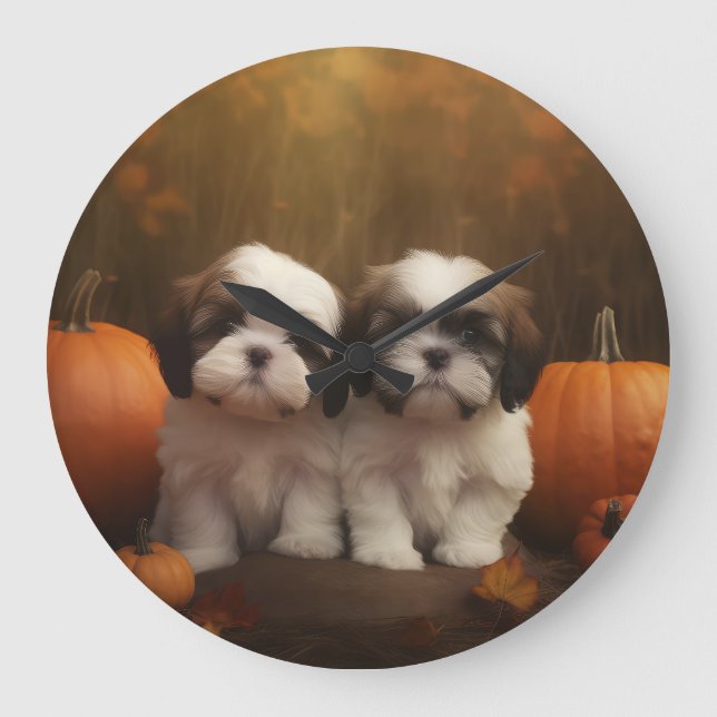 Relógio Grande Shih Tzu Puppy Autumn Delight Pumpkin (Frente)