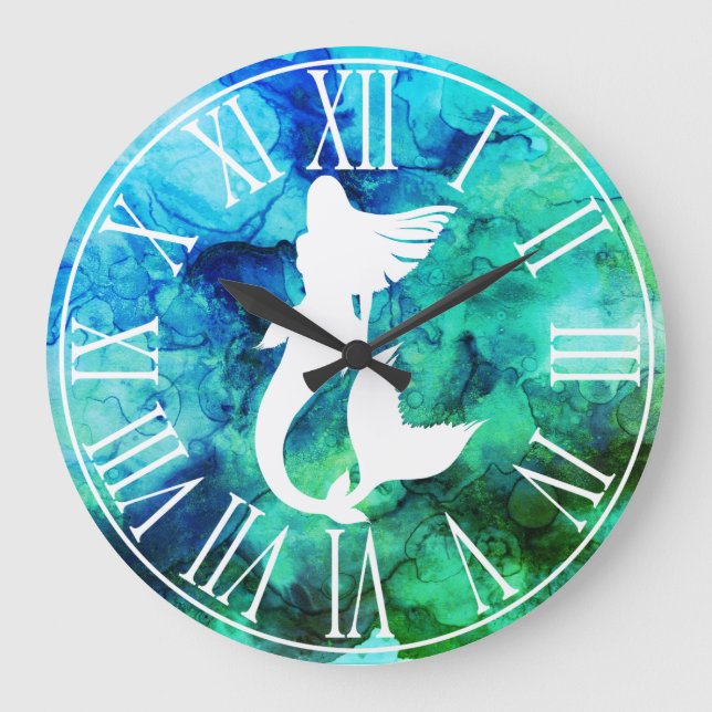 Relógio Grande Silhueta Branca de Sereia e Suportes Oceânicos (Frente)