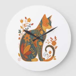Relógio Grande Silhueta de Gato Floral � Botânica Vintage Colorid
