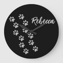 Silver Dog Paws black Background Print Pattern