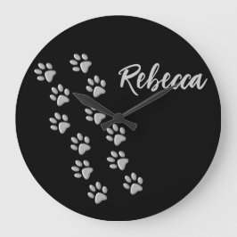 Relógio Grande Silver Dog Paws black Background Print Pattern
