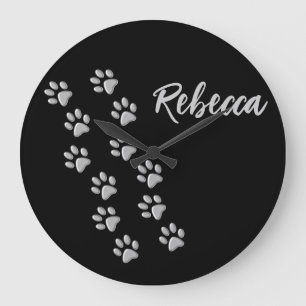 Relógio Grande Silver Dog Paws black Background Print Pattern