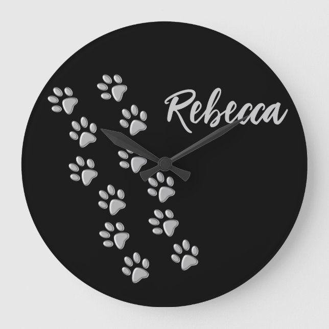 Relógio Grande Silver Dog Paws black Background Print Pattern (Frente)