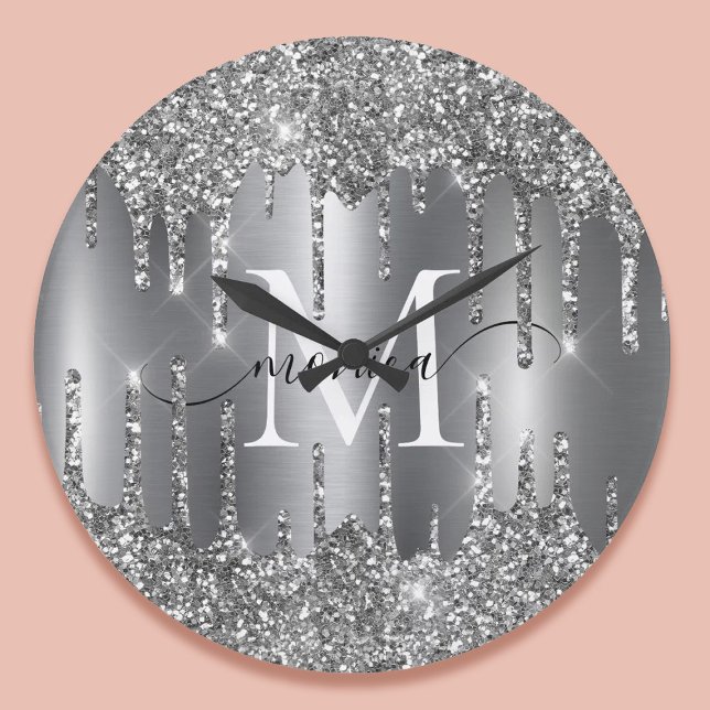 Relógio Grande Silver Glitter Drips Monogram Personalized (Silver Glitter Drips Monogram Personalized Large Clock)