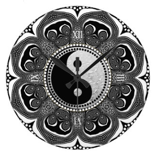 Relógio Grande Símbolo de Nova Era da Flor Tribal Preta+Branca